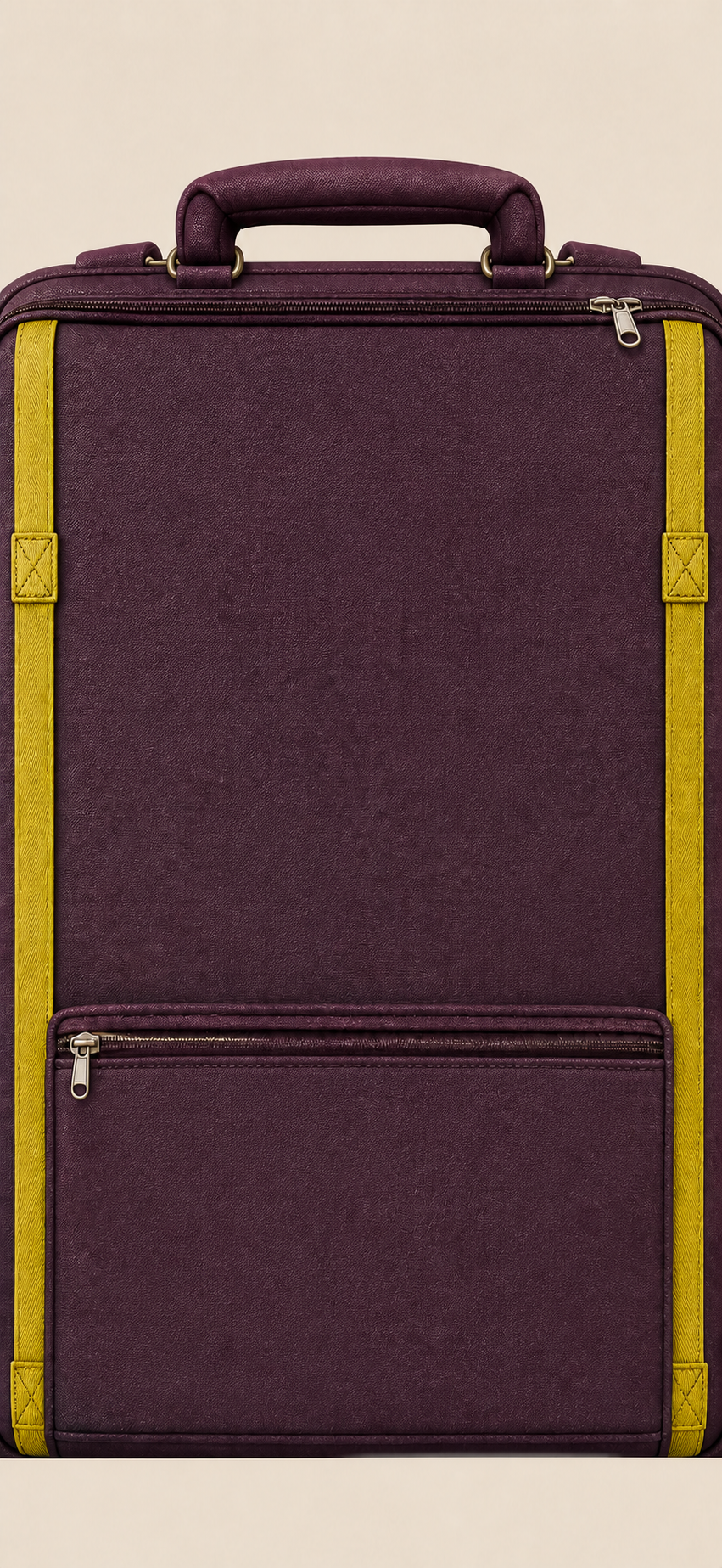 ROAM's burgundy travel suitcase with golden straps